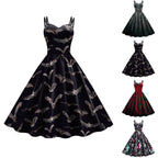 Retro 1950s Swing Dress with Sweetheart Neckline and Bat Print Motif