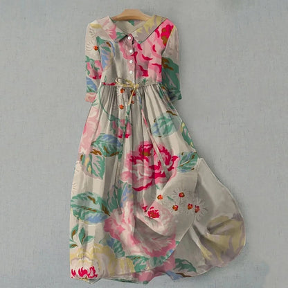 Vintage-Inspired Linen Midi Dress with Soft Cottagecore Elegance