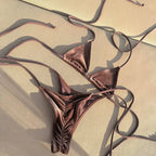 Champagne Bronze Shimmer Micro Bikini Set with Bandeau Halter Top and Tie-Side Bottoms