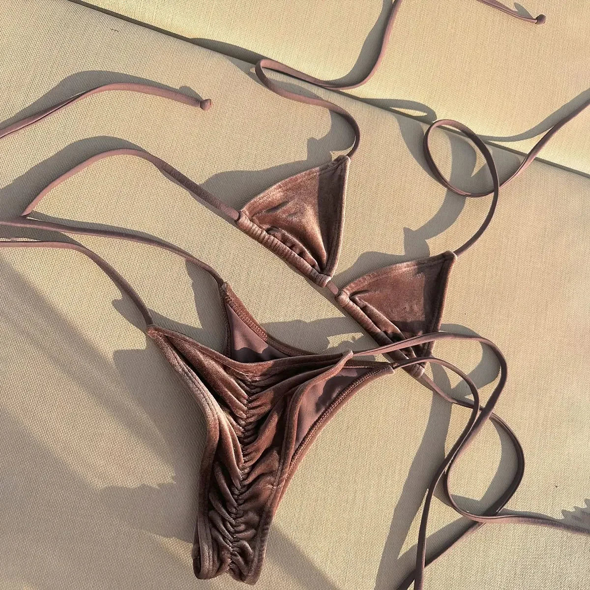 Champagne Bronze Shimmer Micro Bikini Set with Bandeau Halter Top and Tie-Side Bottoms