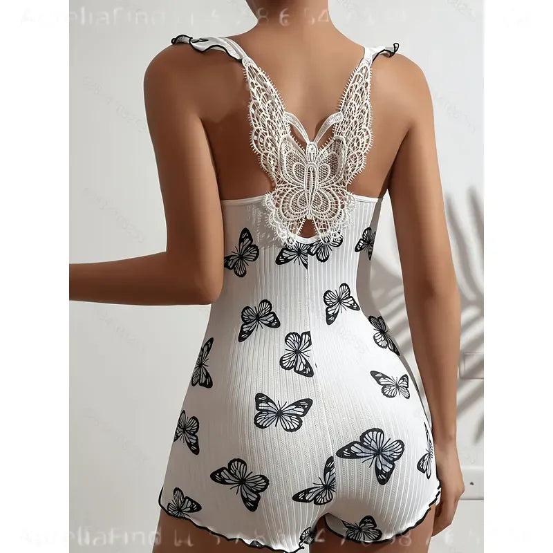 Playful Butterfly Print Sleepwear Romper with Ruffled Straps and Lace Back Detail