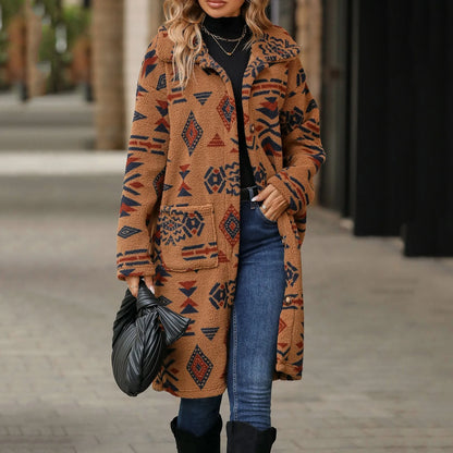 Women's Patterned Plush Hooded Long Coat Cozy Casual Statement Winter Outerwear