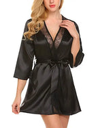 Elegant Black Satin-Finish Wrap Robe with Sheer Lace Lapel Paneling