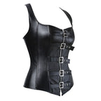 Faux Leather Buckle Front Corset Vest with Structured Boning and Straps