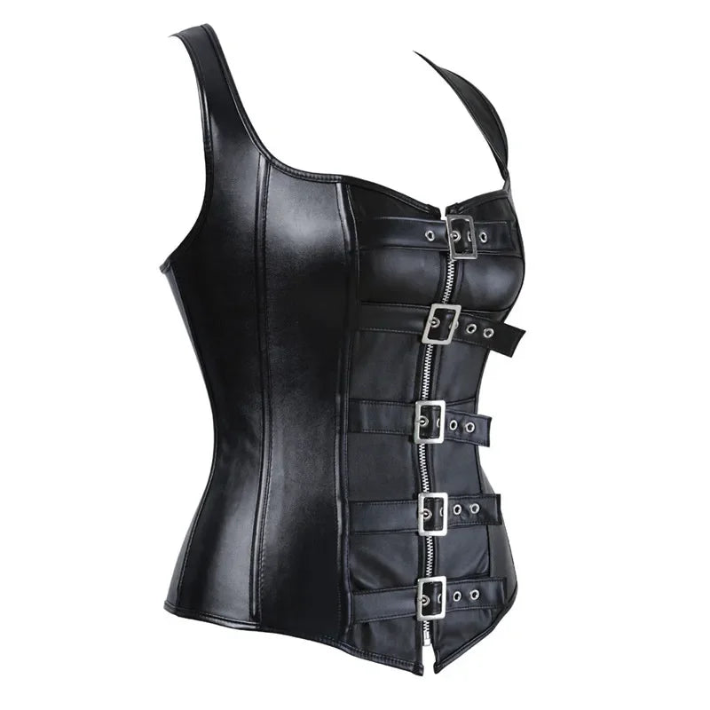 Faux Leather Buckle Front Corset Vest with Structured Boning and Straps