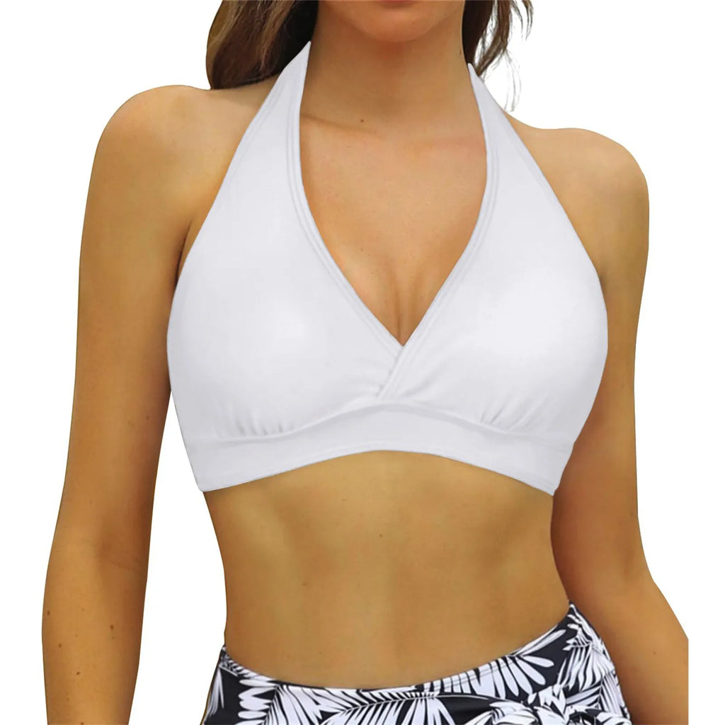 Solid Color Halter Neck Bikini Top with Wide Underband and Adjustable Tie-Back Closure