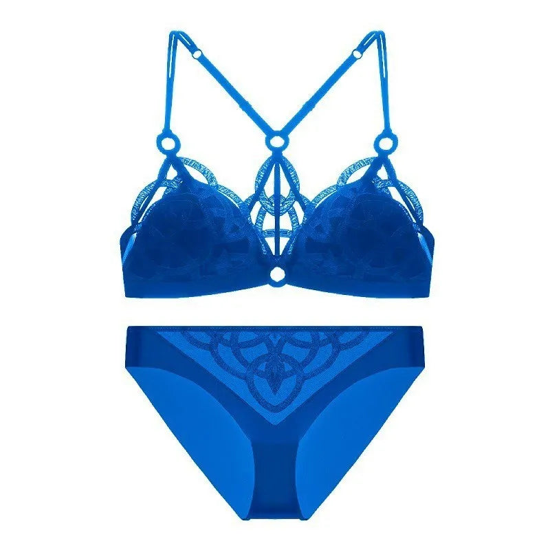 Edgy Black Geometric Strappy Wire-Free Bra and Thong Set