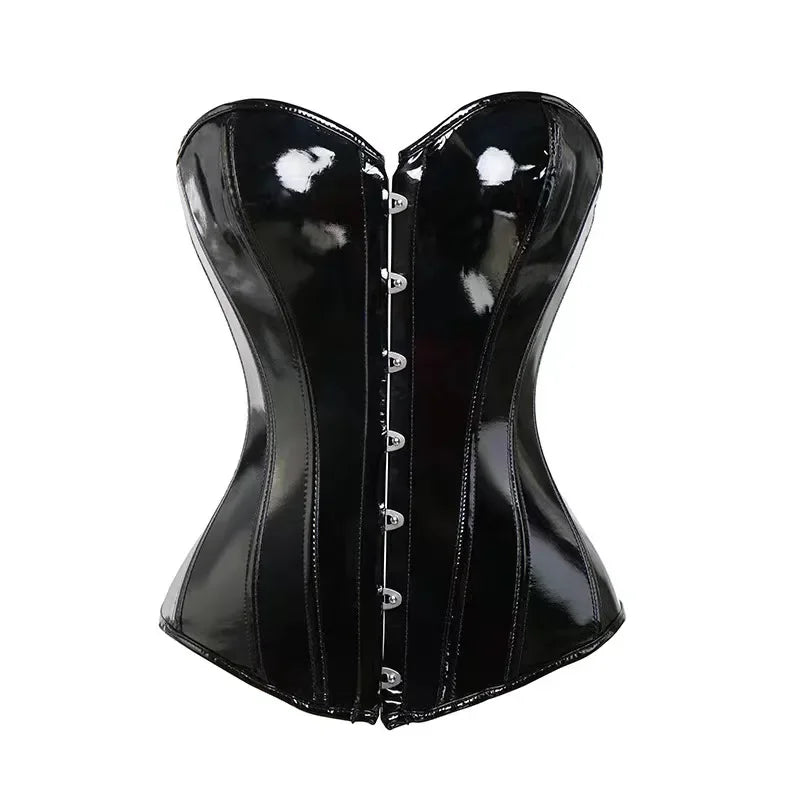 Glossy PVC Overbust Corset with Front Zip Closure and Lace-Up Back