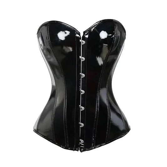 Glossy PVC Overbust Corset with Front Zip Closure and Lace-Up Back