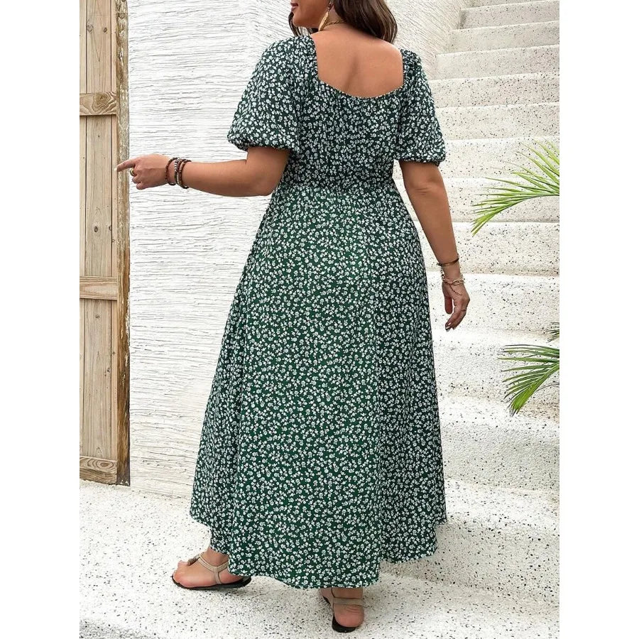 Square Neck Puff Sleeve Front Tie Floral Midi Dress for Boho Summer Style