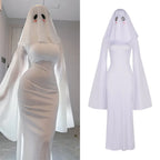 Form-Fitting Long White Gown with Sweeping Bell Sleeves and Ghost Veil