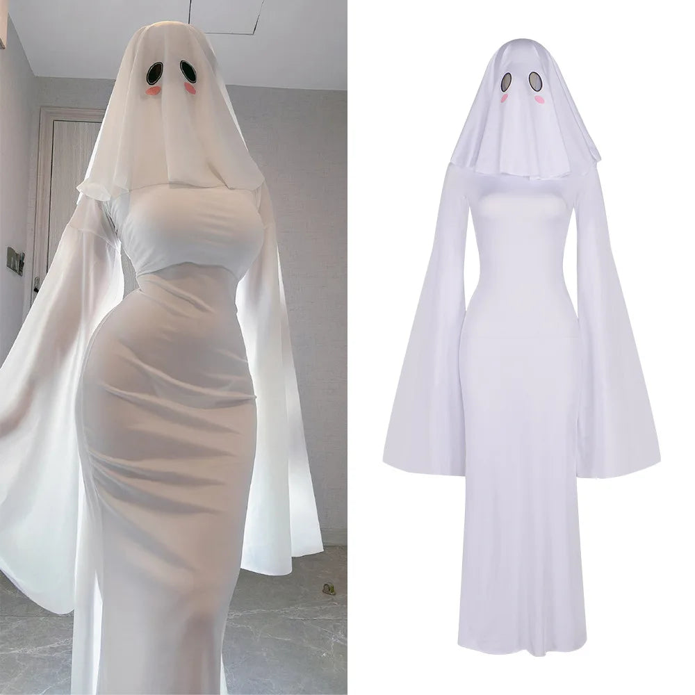 Form-Fitting Long White Gown with Sweeping Bell Sleeves and Ghost Veil