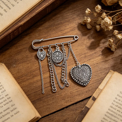 Gothic Heart Safety Pin Brooch with Layered Chains and Tassel Details