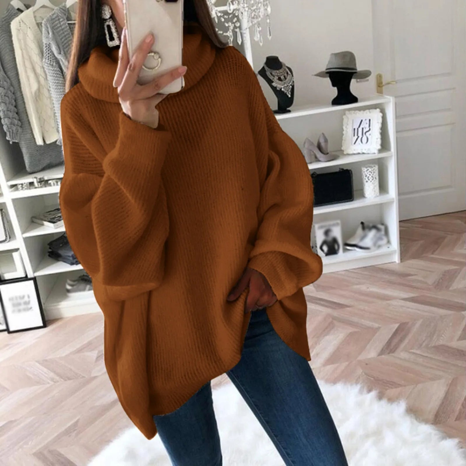 Women's Oversized Turtleneck Drop Shoulder Relaxed Knit Streetwear Sweater