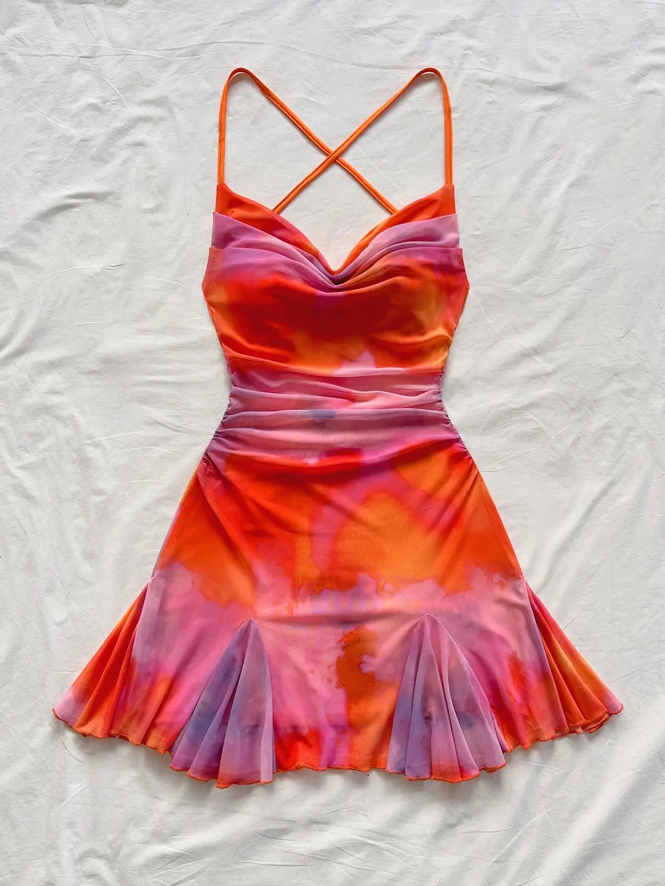 Tie Dye Ruched Mini Dress with Sweetheart Neckline and Flared Hem