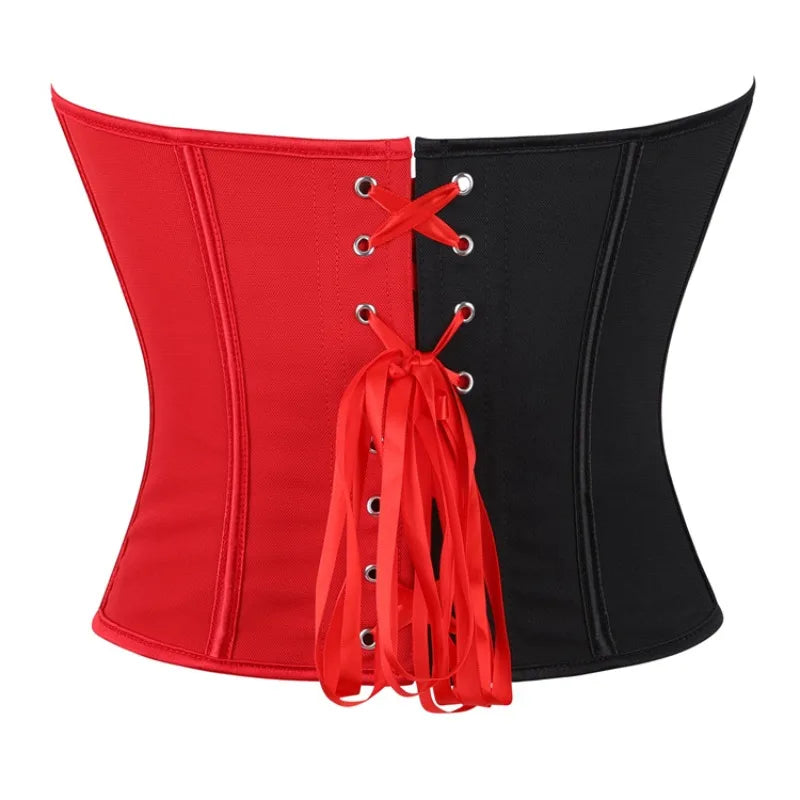 Bold Two-Tone Strapless Corset Top with Front Hook Closure and Defined Boning