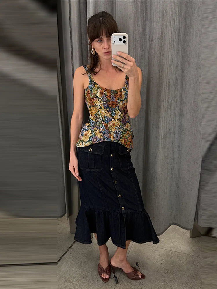 Multicolored Floral Tapestry Tank Top with Peplum Hem and Wide Straps