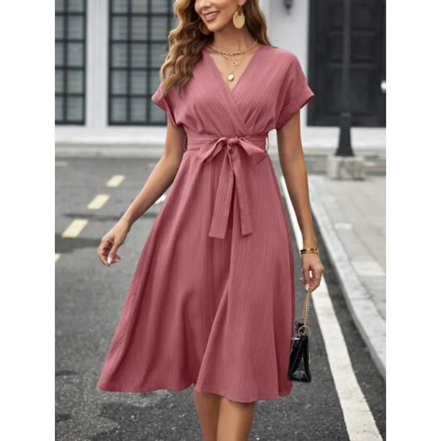 Dusty Rose Wrap-Style Midi Dress with Short Sleeves and Tie Waist