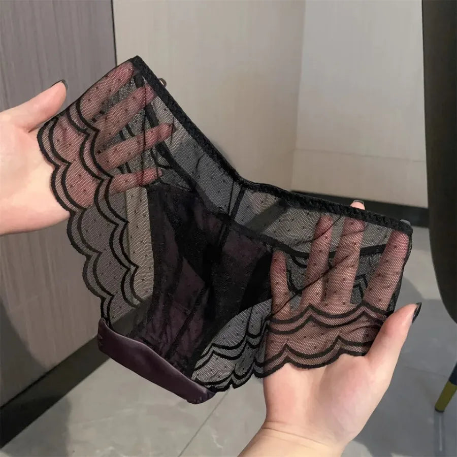 Romantic Plum and Black Lace Trim Satin-Look Brief Panty