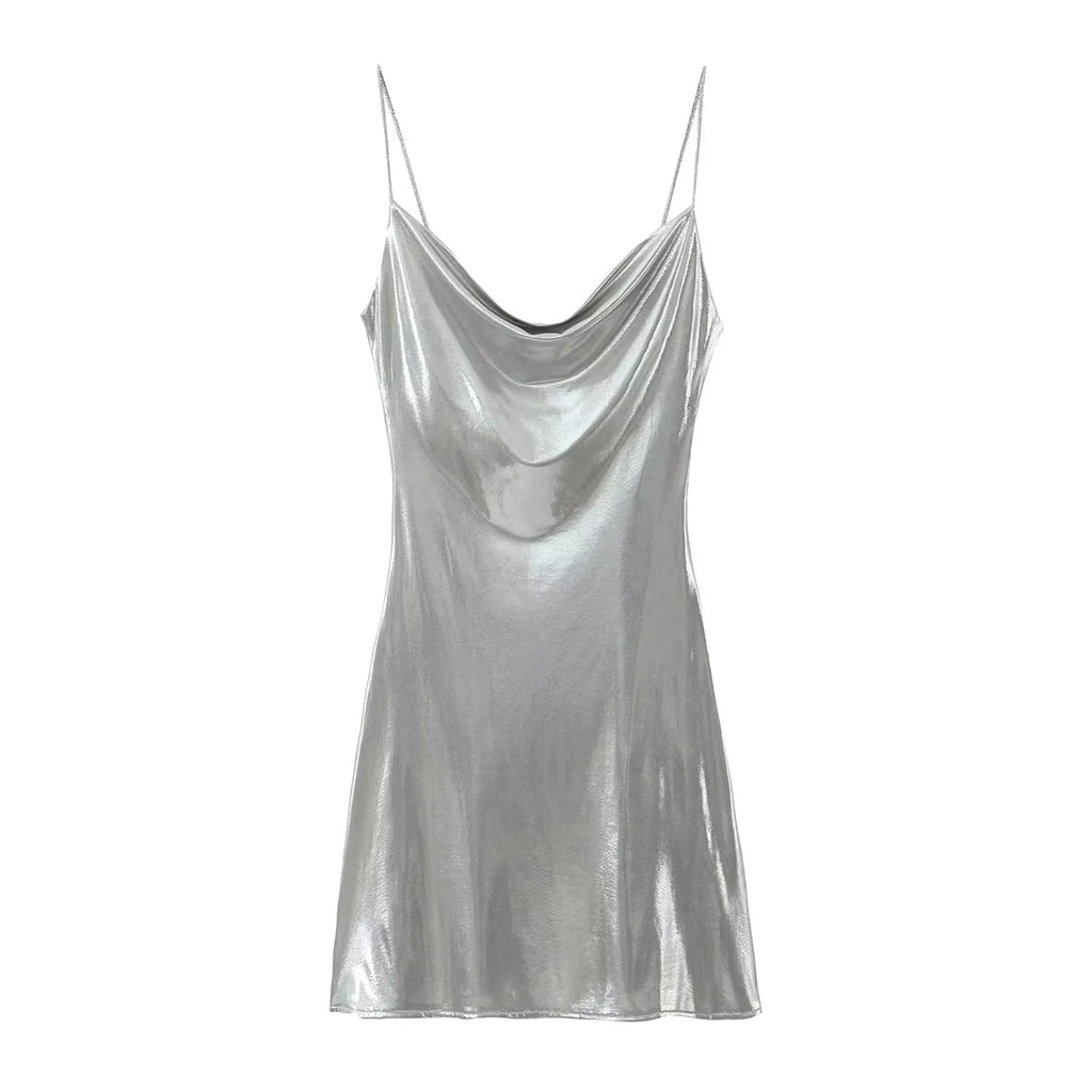 Metallic Finish Spaghetti Strap Mini Dress with Draped Cowl Neckline