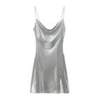 Metallic Finish Spaghetti Strap Mini Dress with Draped Cowl Neckline