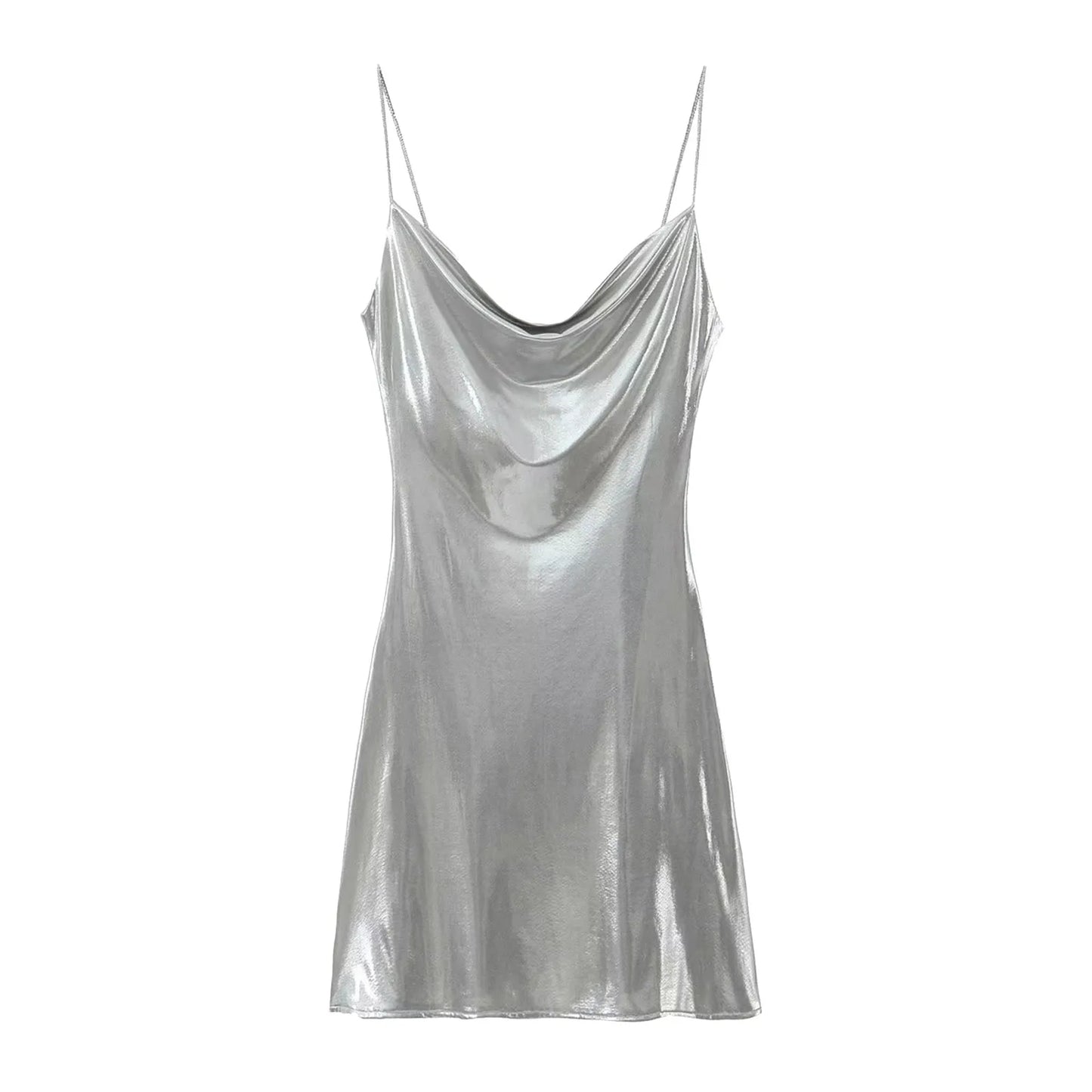 Metallic Finish Spaghetti Strap Mini Dress with Draped Cowl Neckline