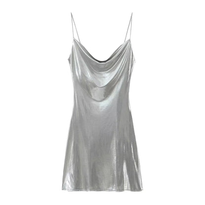 Metallic Finish Spaghetti Strap Mini Dress with Draped Cowl Neckline