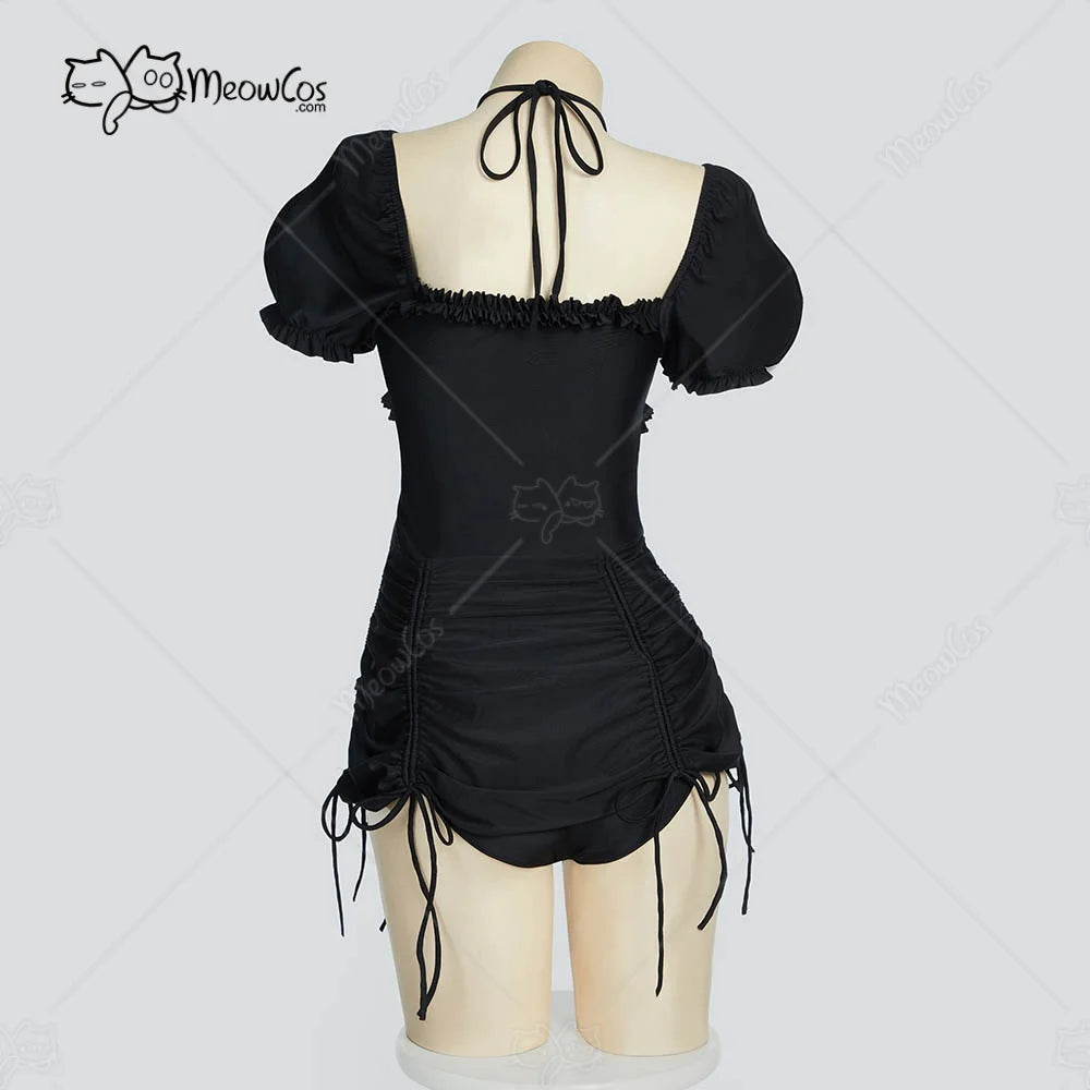 Women's Vintage Inspired Puff Sleeve Drawstring One Piece Swimsuit with Ruched Fit Design