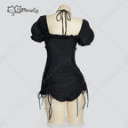 Women's Vintage Inspired Puff Sleeve Drawstring One Piece Swimsuit with Ruched Fit Design