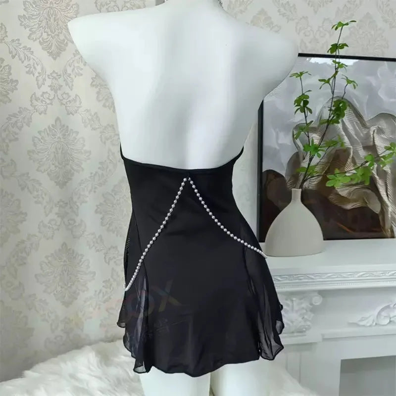 Daring Black Sheer Mini Dress with Open Bodice and Decorative Chain Details