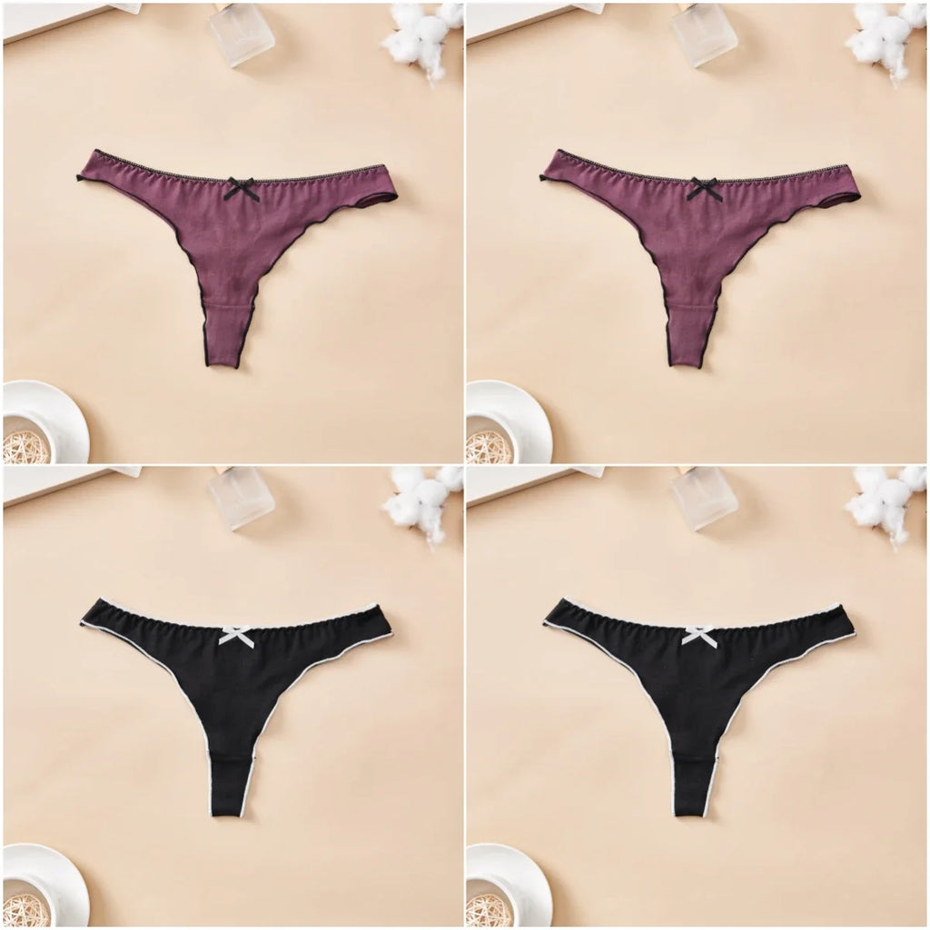 4-Piece Women’s Cotton Low-Rise Thong Panties Set with T-Back Silhouette, Decorative Bow Detail and Assorted Solid Colors
