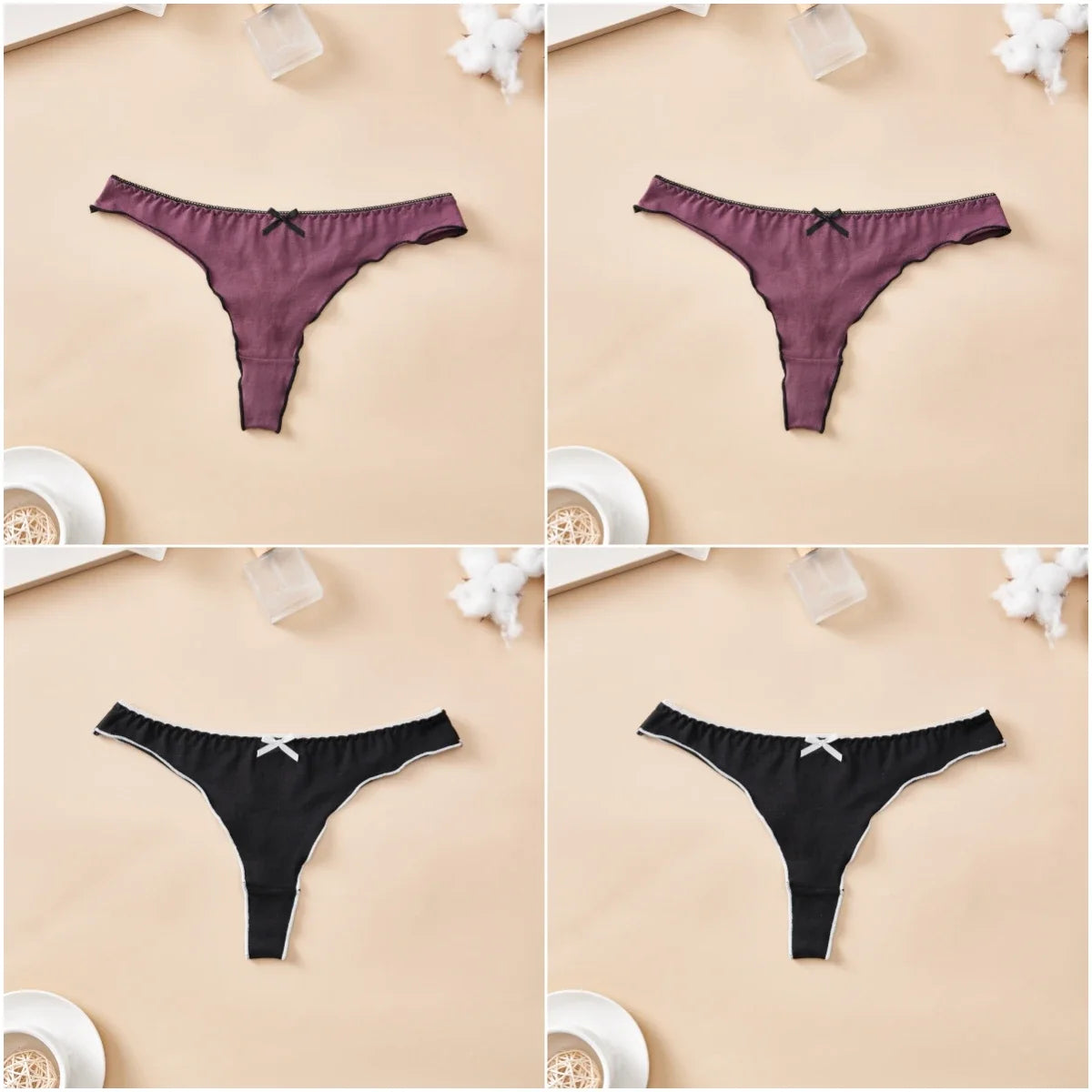 4-Piece Women’s Cotton Low-Rise Thong Panties Set with T-Back Silhouette, Decorative Bow Detail and Assorted Solid Colors