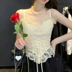 Lace Trim Corset Cami Top with Structured Bodice and Adjustable Straps