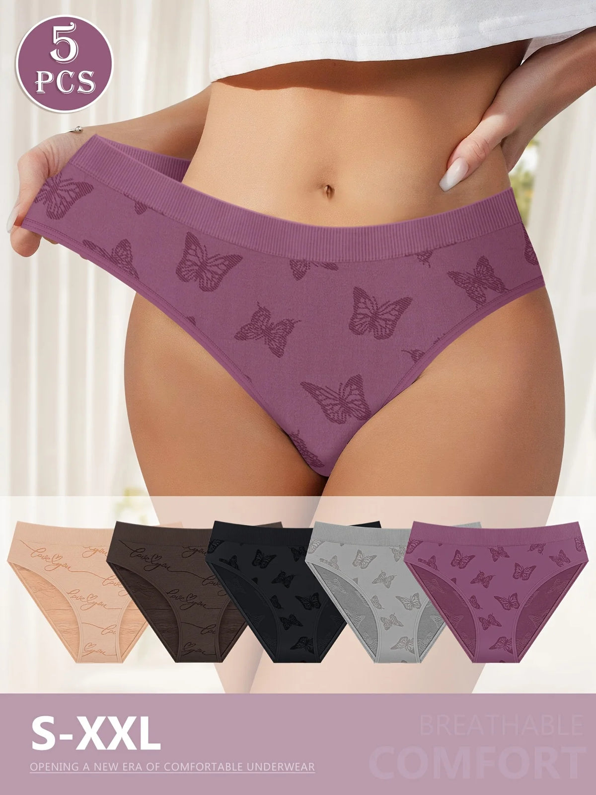 5-Piece Women’s Butterfly Print Low-Rise Briefs Set with Colorful Patterns, Smooth Silhouette and Playful Feminine Design