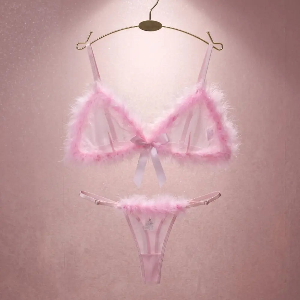 Romantic Soft Pink Sheer Mesh Lingerie Set with Fluffy Marabou Trim