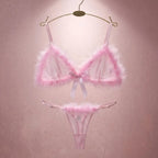 Romantic Soft Pink Sheer Mesh Lingerie Set with Fluffy Marabou Trim