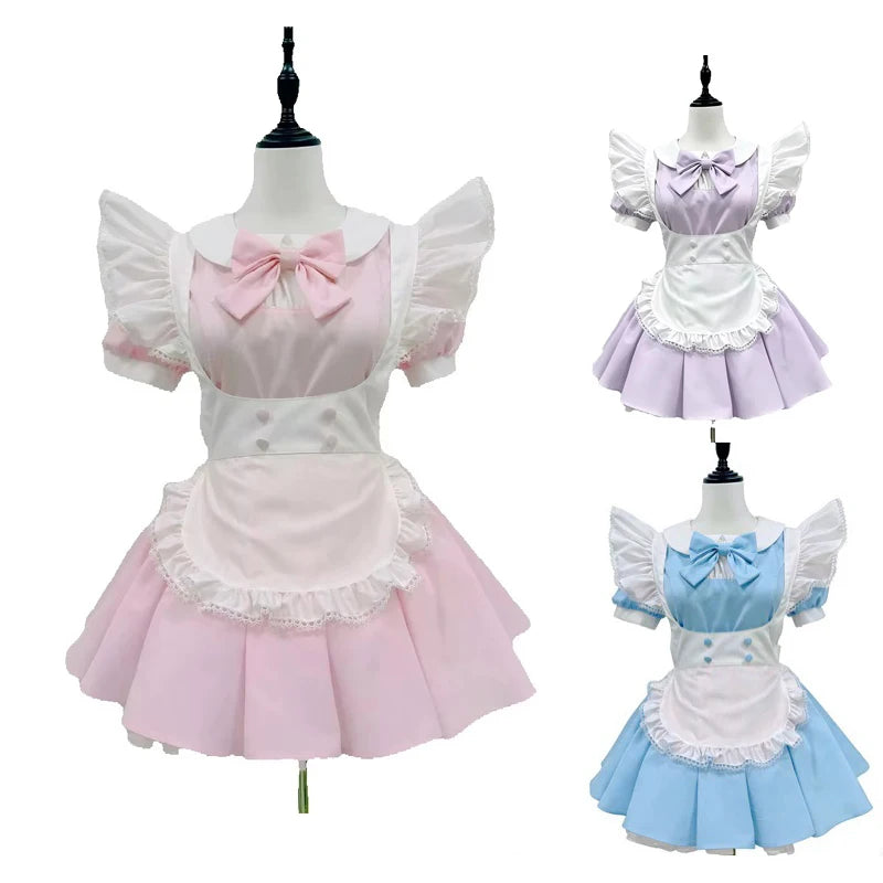 Pastel Color-Block Lolita Maid Dress with Pleated Skirt and Ruffled Apron