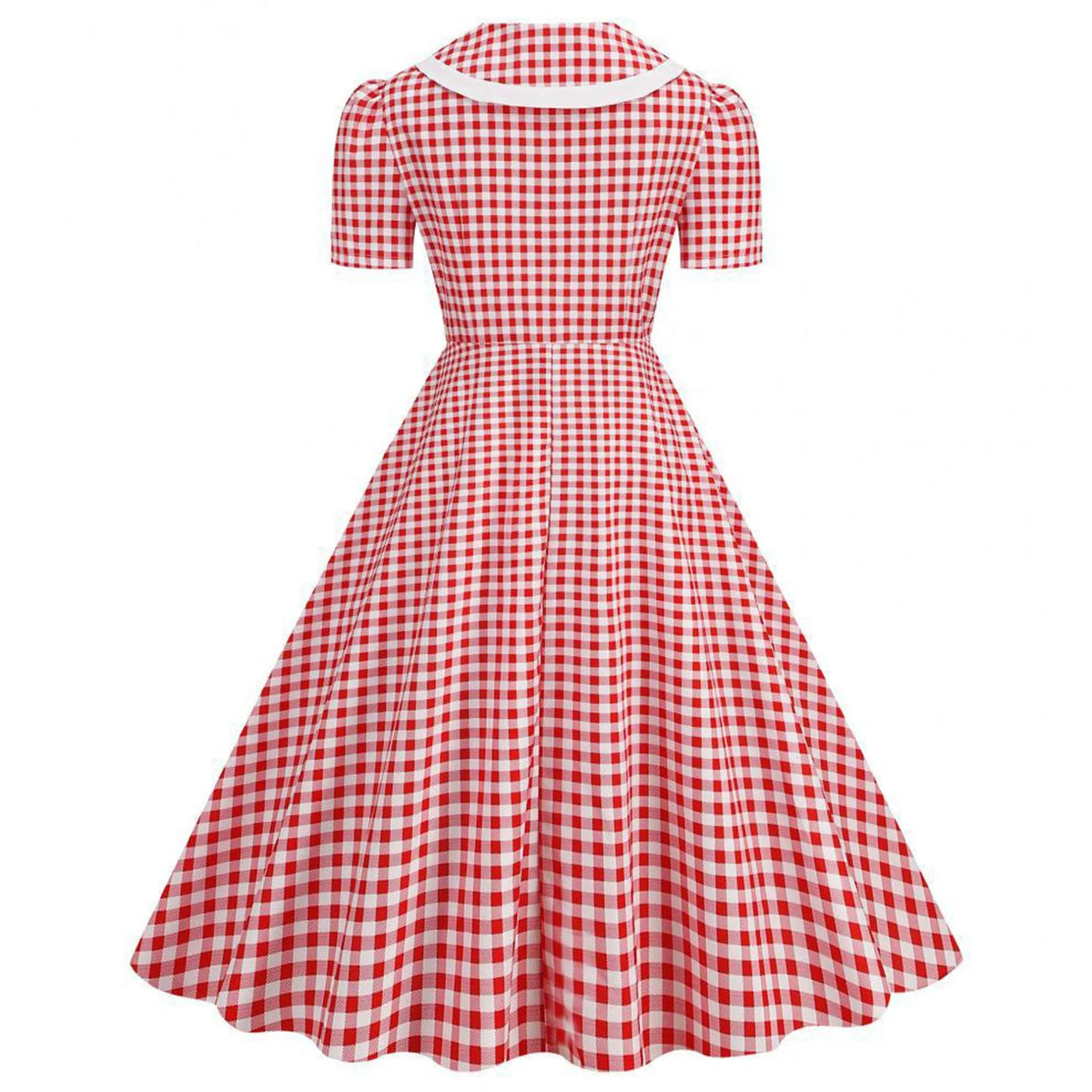 Vintage-Inspired Red Gingham Swing Dress with Contrasting Collar