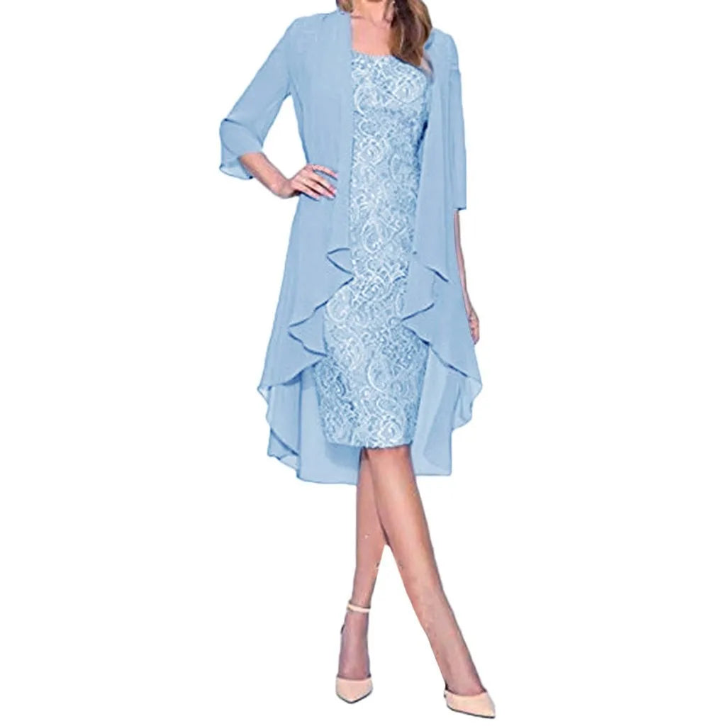 Elegant Two-Piece Lace Midi Dress and Flowing Sheer Duster Jacket Set