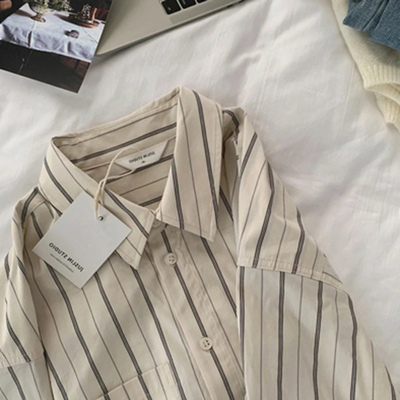 Classic Vertical Stripe Button-Up Blouse with Relaxed Silhouette