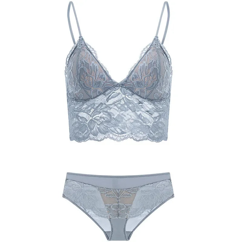 French Eyelash Lace Longline Triangle Bralette and Scalloped Low-Rise Hipster Panty Set