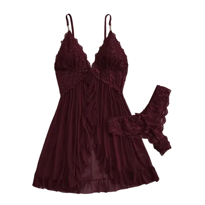 Lace Camisole and Shorts Pajama Set with V-Neckline, Bow Detail, Delicate Lace Trim and Ruffled Hem