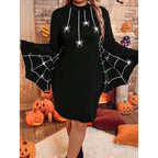 Spiderweb Gothic Sweater Dress with Anime-Inspired Halloween Streetwear Style