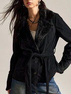 Belted Faux Leather Trim Wrap Jacket with Contemporary Streetwear Styling