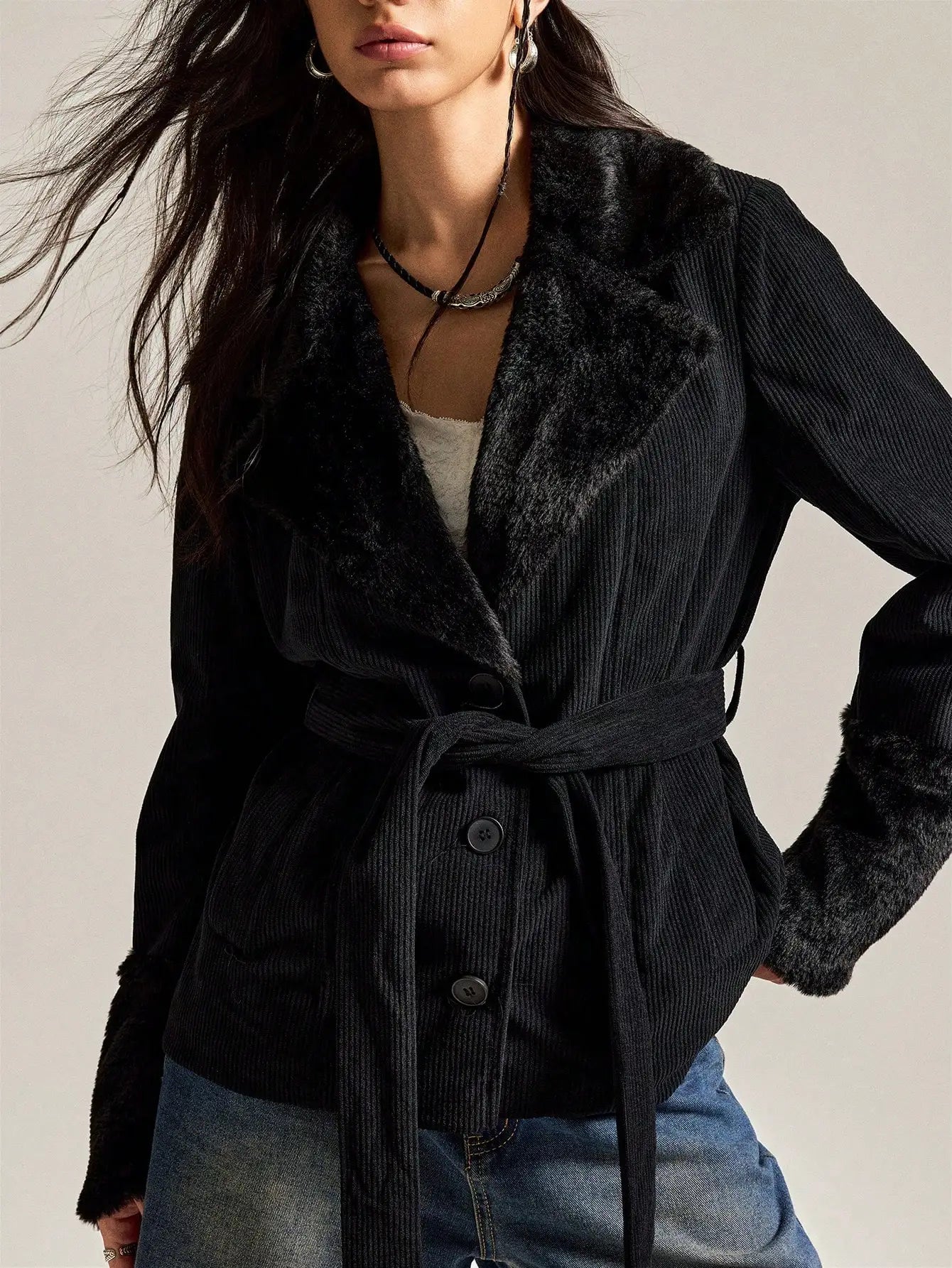 Belted Faux Leather Trim Wrap Jacket with Contemporary Streetwear Styling