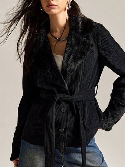 Belted Faux Leather Trim Wrap Jacket with Contemporary Streetwear Styling