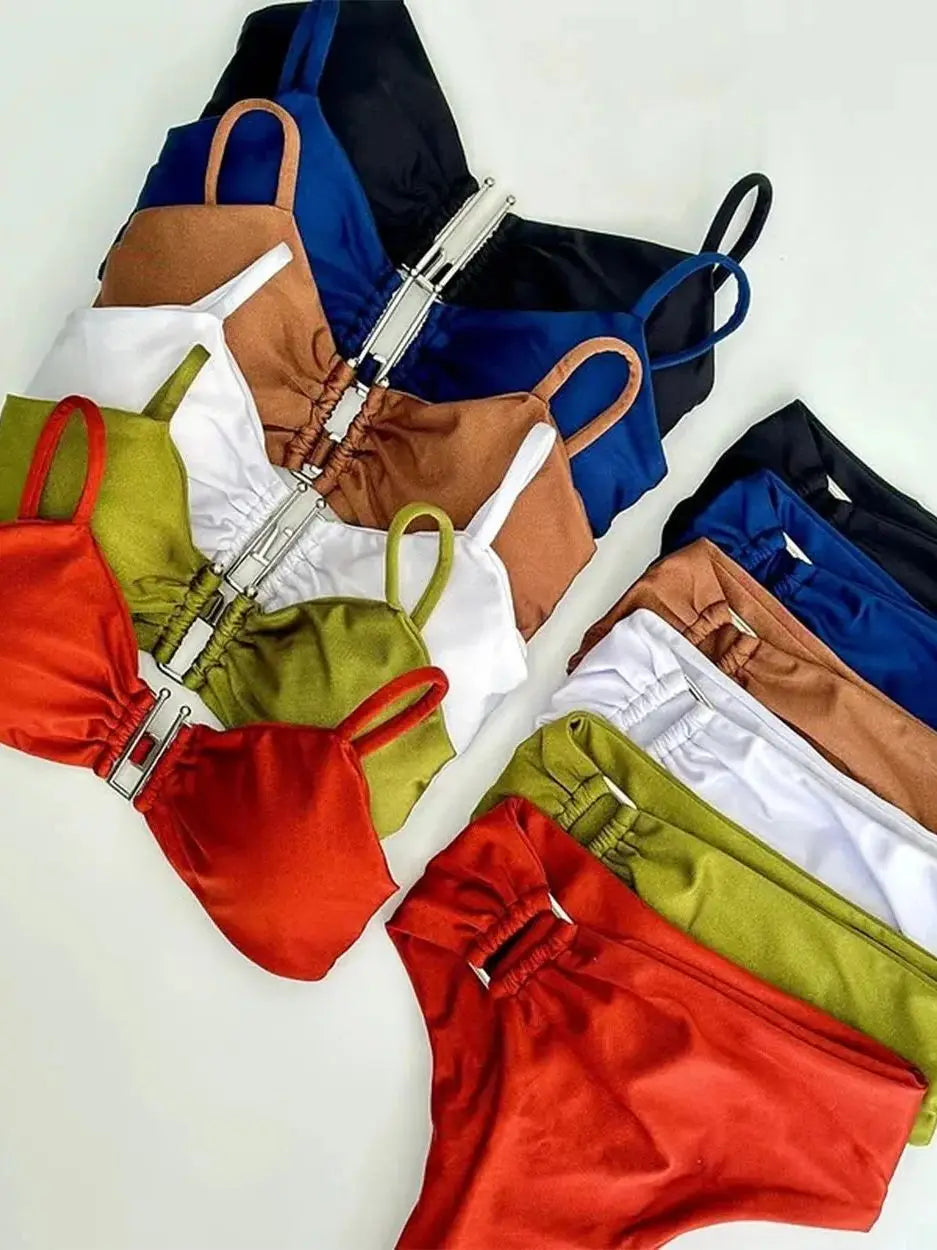 Olive Green Bandeau Bikini Set with Center Hardware and Ruched Detailing