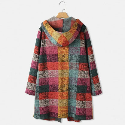Women's Hooded Plaid Longline Zip Cardigan Jacket with Relaxed Casual Layering Style