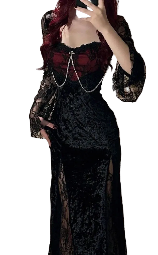 Elegant Gothic Lace Maxi Dress with Dark Alternative Evening Aesthetic