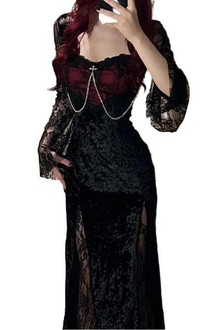 Elegant Gothic Lace Maxi Dress with Dark Alternative Evening Aesthetic